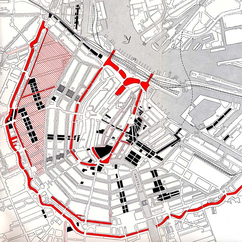By Geurt Brinkgeve in 1956 pamphlet Alarm in Amsterdam.  Displays canals proposed to be filled, and buildings destroyed.